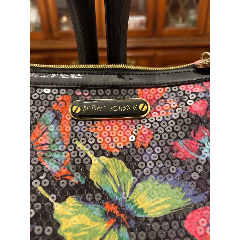 Betsey Johnson Pouch Women Small Black Sequin Butterfly Excellent Whimsical Glam